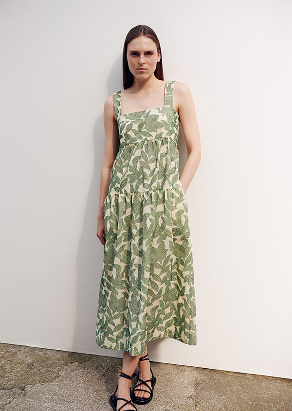 COSETTE DRESS IN EMBROIDERED GREEN LEAF