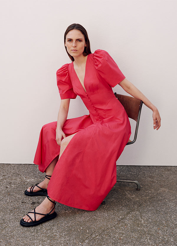 three graces london green dress Three Graces London - Rose V-neck Buttoned Linen Dress - Womens