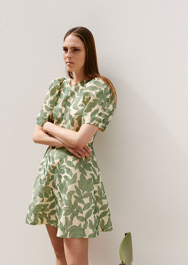 JEMIMA DRESS IN GREEN LEAF EMBROIDERY