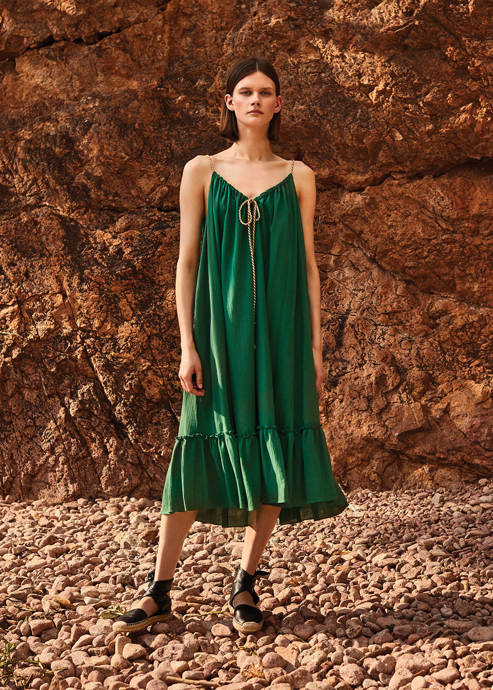 three graces london green dress THREE GRACES LONDON Yara linen-blend halterneck midi wrap dress